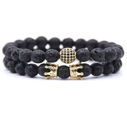 Nuova coppia di moda Bracciale 2 pezzi set di uomini gioielli 8mm Lava Natural Lava Stone Microinlay Zircon Crown Charm Bracelet per donne4500432