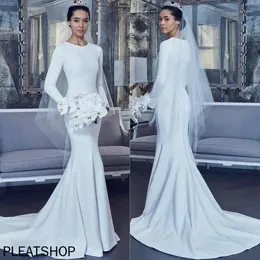 Lässige Kleider elegante Langarm Satin Hochzeit für Frauen O-Neckknopf plissierte weiße Sweep-Zug-Meerjungfrau Brautkleider