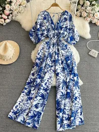 Summer Women Sexy Vneck Puff Sleeve Printed Romper Female Blackredblueyellow Wide Leg Jumpsuits Vacation Beach Fashion 240424