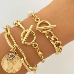 Bracelets de moda boho de cadeia para mulheres novas vintage geométricas pérolas de moeda humana coin pingente de ouro jóias para feminino b029