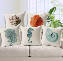 Cushion Cover Hippocampus Starfish Pillows Case Cotton Linen Capa Para Almofadas Nautical Style Hand Painted Decorative Pillow Cov7772206