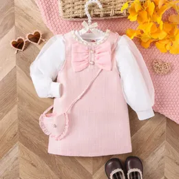 ガールドレス幼児の女の子のメッシュシアーロングスリーブトップボウノットドレスクロスボディバッグかわいいセット3ピース服の赤ちゃん