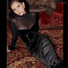 Sıradan Elbiseler Ggbaofan Seksi Mesh Patchwork Süet Siyah Elbise Kadın Moda Yenilikçi Uzun Kollu Maxi Partisi Gece Kulübü Giyim