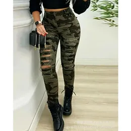 Women's Jeans WEPBEL Sexy Camouflage Print Hole Ripped Pants Ladies Elegant High Waist Slim Fit Bodycon Leggings Long Trousers 266h