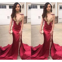 Africano Hot Selling Red Red Mermaid Prom Vestres 2019 Gold Appliques Sweetheart Split Vestidos de festa elegantes