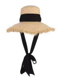 Terra feita à mão Raffia Sun Hats for Women Black Ribbon Lace Up Large Brim Straw Hat ao ar livre Caps de verão Chapeu feminino4045104