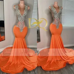 برتقالي فاخر Sier Rhinestone Prom 2024 لـ Blackgirls Tassels African Mermiad Birthday Party Dress Vestido 0431