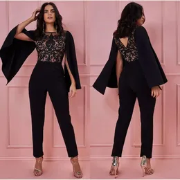 Stylish 2022 Black Jumpsuits Prom Dresses With Wrap Lace Appliqued Beaded Women Formal Evening Pant Suits Party Pageant Dress 0431