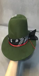 Ethnic Style Green Wide Brim Fedora Hat 100 Wool Women Felt Hats Panama Hat with Turban Ribbon Crushabley Porkpie Style9411645