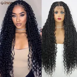 Long 32 Boho Braided Full Lace Front Wigs 613 Blonde Curly Goddess Locs Wigs Pre Plucked With Baby Hair Synthetic Box Braids Wig 240408