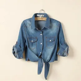 Vår sommarkoreansk stil kort sjal skjorta kvinnor denim båge jeans små kappa skjortor bs063 240423