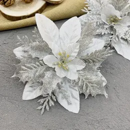 Decorazioni natalizie fiori decorativi festivi scintillanti fiore artificiali scintillio foglie in argento dorato colori per alberi di Natale