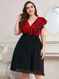 Plus Size Black Elegante Party Kurzkleider für Frauen Kleidung 2024 Sommer Casual Print gegen Hals Aline Large Mini Kleid 240422