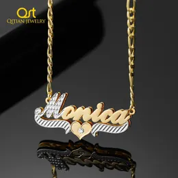 Qitian Custom Double Plate Two Tone Heart Name Halsband Personligt kristallnamn Halsband Rostfritt stål Charm smycken Kvinnor 240415