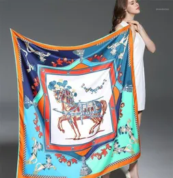 100 Twill Silk Women Dickf Europe Design Foulard 130130cm French Horse Print Square Square Square Shawls Wraps14018994