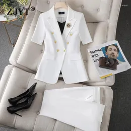 Damen zweisteuelhafte Hosen Zjyt Büro Lady Blazer Anzug für Frauen Heuchen Sets 2 Sommer Kurzarm Plus Größe Top und Hosen formelle Arbeiten Abnutzung