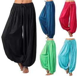 Kadın pantolonları Lucyever yaz Bolca Harem Kadınlar için Düz Renk Elastik Bel Geniş Bacak Pantolonları Kadın Vintage Boho Gevşek Günlük
