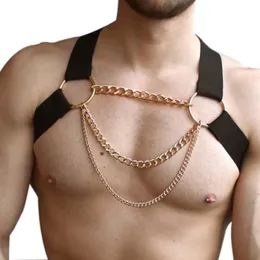 Bras Sets Fetish Black PU Leather Sissy Lingerie Adjustable Harness Men Belts Bdsm Bondage Body Gay For Male Wear Exotic Metal Gold Chains 269A
