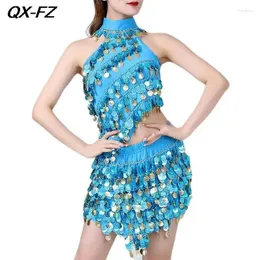 Bühnenbekleidung 2024 glänzende lateinische Tanzkleidung Frauen Pailletten Tassels Kostüm Set Ladies Girls Rumba Cha Tango Performance Outfit