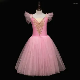 Bühnenbekleidung professionell Ballett Tutu Long Tulle Kleid Girls White Swan Performance Tanz Ballerina Kostüm Kinder für