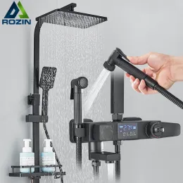 Set Rozin Black Smart Thermostatic Shower Chaucet Zestaw łazienki Inteligentne opady cyfrowe Mikser Kucie z stojakiem i systemem kąpieli bidet