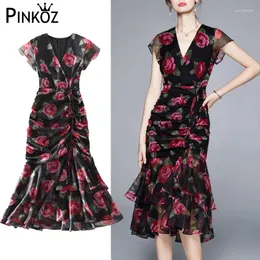 Платья для вечеринок Pinkoz Fase Sexy Red Rose Flower Printed Женщины для печати нерегулярного Hed Midi платье vestidos V-образное