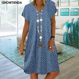 Women Polka Dot Print Kleid Sommer Kurzarm Tunika Vintage Bohemian Kleider weibliche A-Linie losen lässigen Strandkleid Vestidos 240415