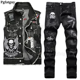 Black Skull Rightided da 2 pezzi da uomo set di moda Slim denim gilet e jeans a buca strappato Due pezzi uomini abiti casual Streetwear 240428