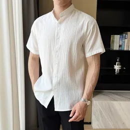 Summer Men Business Casual Slim Fit Stand Stand Retro Shirt Solid Color Shirt Man Dress Blouses Corean Streetwear Dirtts 240428