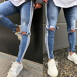 European American Street Fashion Men's Jeans Light Blue White Stripe Hip Hop Pants Skinny Jeans Men Destroyed Ripped Homme 262C