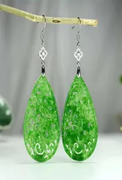 Natural Hollow Handcarved Green Jade Earrings with 925 Sterling for Women Earrings5064962
