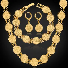 Dubai Gold Color Jewelry Sets Necklace Bracelet Earrings For Women Ethnic Islamic Religion Coin Muslim Set Wedding Jewelry 240415