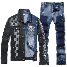 Patchwork-Farbblock-Männer-Sets, Druckjacke und Jeans 2PCS-Set, Niet-Denimjacke, geradlinige Micro-Flared Jeans, Frühling Herbst