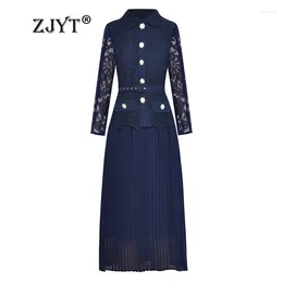 Casual Dresses ZJYT Women's Hollow Out Lace Patchwork Dress Long Sleeve Pleated Midi Spring Fashion Party Vestidos Blue Vintage Robe