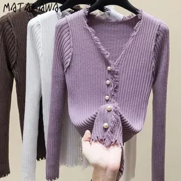 Kadın Dizileri Matakawa Y2K Püsküller Kadınlar İçin Kısa Hırgalar Solid v Boyun Kore Moda Sonbahar Kış İnce Sweaters Vintage Chaquetas