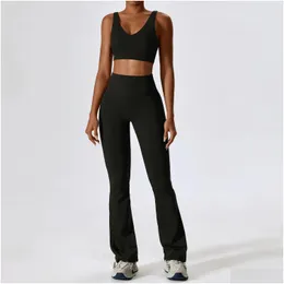 Yoga Outfit Ll-8232 Womens Sets Vest Sleeveless Tops Pants Bell-Bottom Trousers Excerise Sport Gym Running Long Pant Elastic High Wais Otsae