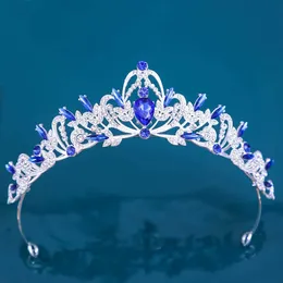 Tiaras Korean Girls Silver Color Metal Green Blue Crystal Tiara Crown for Womending Party 신부 신부 모조 다이아몬드 크라운