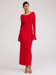 Lässige Kleider Ahagaga Mode gestrickt elegant solide sexy maxi hohl raus rückenfreie O-Neck Full Sleeve Slim Bodycon Frauen Vestidos Robe