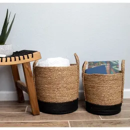 Better Homes Gardens Round Seagrass Baskets Natural Black Set of 2 Large Medium 240415