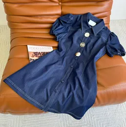 Vestido feminino pescoço laple de manga curta Cantura coletada mini vestido de jeans azul