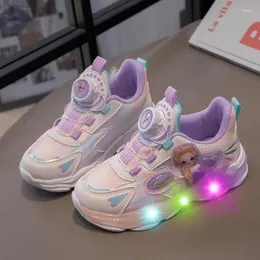 Casual Shoes Girls Skórzanie obrotowe przyciski Kid Sneakers LED Flashing Sofe Sole Sport Footear Baby Dzieci