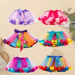 Mode barn mesh miniskirts flickor prinsessan regnbåge färgglada dans balett tutu kjol sommarfest blå klänning elastisk trasa 18y 240420