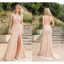 Spacchi Babynice Pearl Mermaid Pink Evening Dresses Nuovi Appliques a collo gioiello a valotto Abito da ballo lungo senza schienale CPS