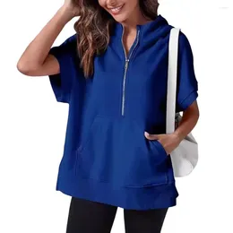 Hoodies femininos zip capuz de verão elegante, meio zíper com mangas curtas, colorido de bolso de bolso sólido, escola diária para mulheres