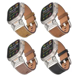 Luxury Crazy Horse Genuine Leather Strap Bands Steel Buckle Bracelet Watchband for Apple Watch 3 4 5 6 7 8 9 iWatch 42mm 44mm 45mm 49mm Ultra Band Straps