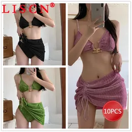 Women's Swimwear 10 Bulk Items Wholesale Lots Thong Bikini Sets Summer 2024 Draw String Beach 3 Piece Bathing Suit For Women Sexy K13160