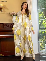 Ethnic Clothing Siskakia Muslim Eid Women Satin Printing V-Neck Maxi Long Dresses Turkish African Saudi Fashion Diamonds Abayas Moroccan