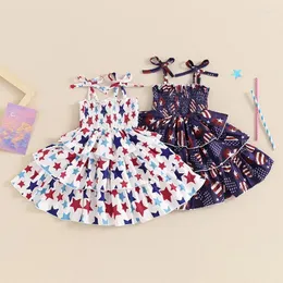 Girl Dresses FOCUSNORM 0-3Y Lovely Baby Girl's Independence Days Dress Sleeveless Strap Star Print Shirred Tie-Up Spaghetti Layered