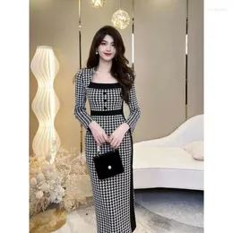 Casual Dresses 2024 Tweed Houndstooth Bodycon Midi Dress Elegant And Pretty Robe Hiver Korean Style Free Shiping Frocks For Women