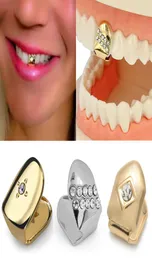 18K Gold Single Diamond Teeth Grillz Punk Hip Hop Dental Mouth Fang Braces Fake Grills Tooth Cap Cosplay Costume Party Rapper Body4618426